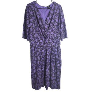 J Peterman Royal Purple Floral Faux Wrap Midi Vnek Stretch Dress 18